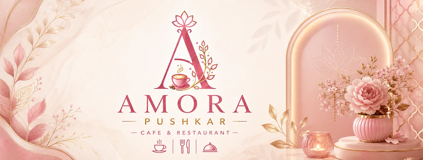 Amora Pushkar brand artwork in pink and gold