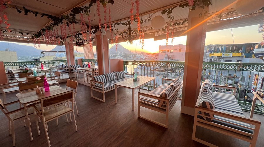 Amora Pushkar rooftop ambience at sunset